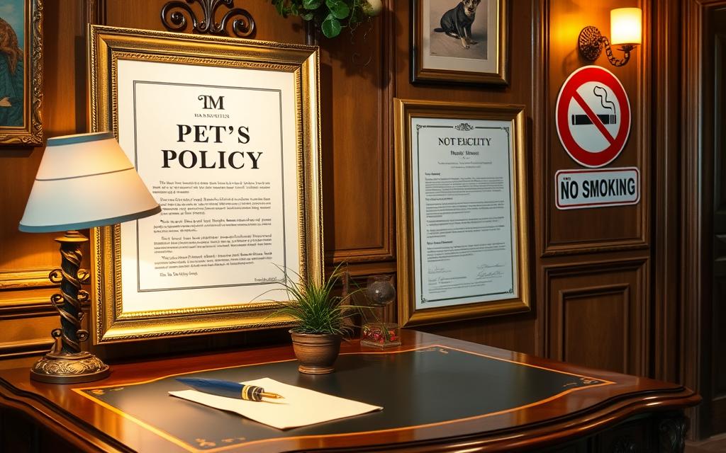 A Cozy Home Interior With An Ornate Wooden Desk, A Framed Pet Policy Document, And A &Quot;No Smoking&Quot; Sign Prominently Displayed. Warm Lighting Casts A Soft Glow, Creating An Inviting Atmosphere. On The Desk, A Potted Plant And A Quill Pen Hint At The Thoughtful Nature Of The Space. The Walls Feature Tasteful Decor, Complementing The Professional Yet Homely Ambiance. The Overall Scene Conveys A Sense Of Order, Attention To Detail, And Consideration For Both Pets And Smoke-Free Living.
