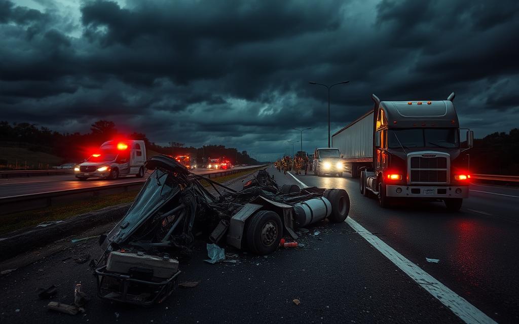 A Detailed Scene Of A Truck Accident Case Study, Captured With A High-Resolution Camera Using A Wide-Angle Lens. In The Foreground, The Crumpled Wreckage Of A Semi-Truck Lies On The Side Of A Busy Highway, With Debris And Broken Glass Scattered Across The Asphalt. In The Middle Ground, Emergency Responders And Law Enforcement Investigate The Scene, Their Flashing Lights Casting An Eerie Glow. The Background Is A Dimly Lit, Stormy Sky, With Ominous Clouds And A Sense Of Foreboding. The Overall Mood Is Somber And Contemplative, Inviting The Viewer To Reflect On The Importance Of Safety And The Real-World Consequences Of Such Incidents.