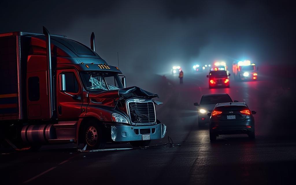 A Harrowing Scene Of A Truck Accident On A Dimly Lit Highway, With The Mangled Wreckage Of A Semi-Truck And A Smaller Vehicle In The Foreground. The Twisted Metal And Shattered Glass Create A Sense Of Chaos And Devastation, Underscoring The Potential Legal Liabilities And Consequences For The Parties Involved. The Background Is Shrouded In A Hazy, Atmospheric Glow, With Emergency Vehicles And First Responders Visible In The Distance, Their Flashing Lights Cutting Through The Gloom. The Overall Composition Conveys The Gravity And Seriousness Of The Situation, Highlighting The Importance Of Understanding No-Zones And Safe Driving Practices To Prevent Such Tragic Incidents.