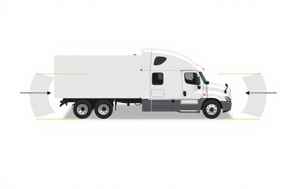 A High-Quality Technical Diagram Of A Truck'S Blind Spots, Showcasing The Areas Around The Vehicle That Are Not Visible To The Driver. The Diagram Should Be Created With A Clean, Minimalist Aesthetic, Using Precise Geometric Shapes And Lines To Clearly Delineate The Various Blind Spot Zones. The Layout Should Be Symmetrical And Well-Balanced, With A Neutral Color Palette Of Greys, Blacks, And Whites To Emphasize The Technical Nature Of The Illustration. The Diagram Should Be Rendered From A Slightly Elevated, Three-Quarter Angle To Provide A Comprehensive View Of The Truck'S Surroundings. The Overall Mood Should Convey A Sense Of Functionality And Safety, Reflecting The Importance Of Understanding Blind Spots For Responsible Truck Operation.