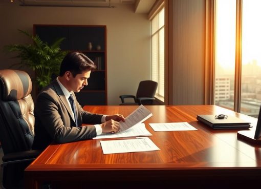 A modern, well-lit office interior with a wooden desk, plush leather chair, and a potted plant on the side. In the foreground, a person in a suit sits at the desk, intently reviewing legal documents. Behind them, a large window offers a cityscape view, casting warm, natural light across the scene. The overall atmosphere conveys a sense of professionalism and the gravity of the legal process. The image should communicate the steps and formality involved in pressing assault charges.