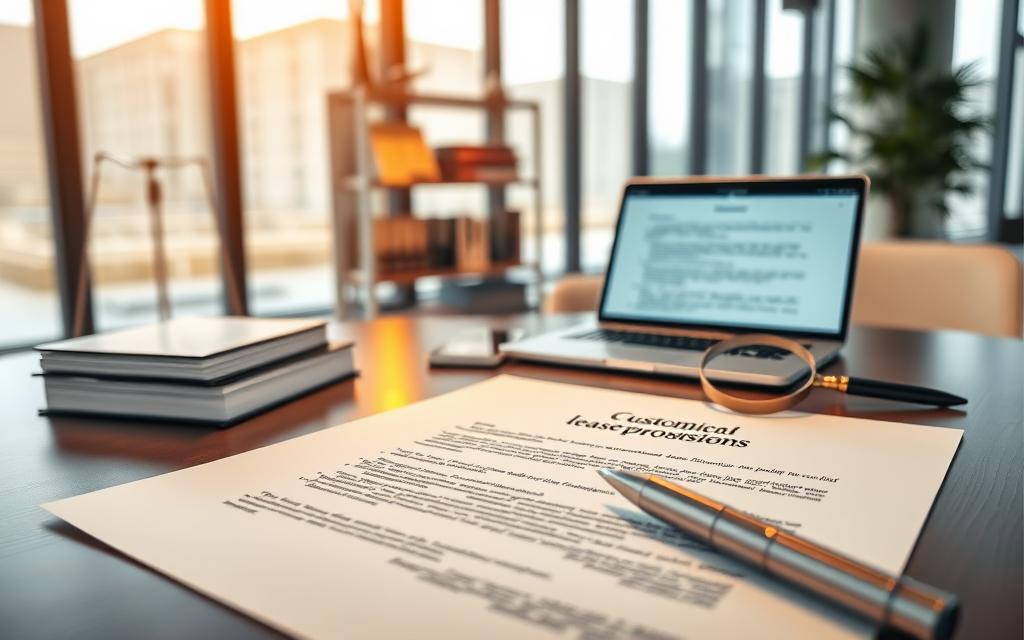 A Well-Designed Legal Document With Customized Lease Provisions, Showcasing Attention To Detail. In The Foreground, A Pristine Office Desk With A Contract, Pen, And Magnifying Glass, Illuminated By Warm, Focused Lighting. In The Middle Ground, A Bookshelf With Legal References And A Laptop Displaying Relevant Regulations. The Background Features A Modern, Minimalist Office Space With Large Windows Letting In Natural Light, Creating A Professional And Efficient Atmosphere. The Overall Scene Conveys A Sense Of Diligence, Attention To Compliance, And A Commitment To Tailoring The Lease To Specific Legal Requirements.