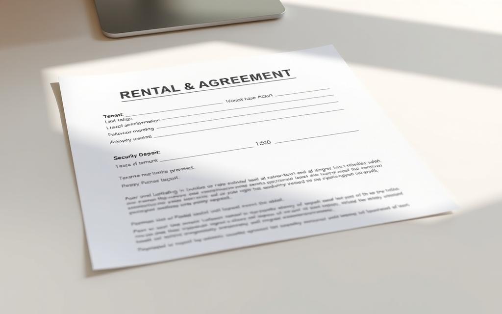 A Well-Lit, High-Resolution Image Of A Rental Agreement Document Laid Flat On A Clean, Minimalist Desk. The Document'S Key Elements Are Prominently Displayed, Including Sections For Tenant And Landlord Information, Rent Amount, Lease Duration, Security Deposit, And Other Important Terms. The Lighting Is Soft And Natural, Creating A Professional And Informative Atmosphere. The Frame Is Set At A Slight Angle, Allowing The Viewer To Clearly See The Details Of The Document. The Background Is A Neutral, Off-White Color, Keeping The Focus On The Rental Agreement.